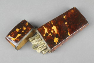 A 19th Century tortoiseshell cased 9 piece geometry set comprising ivory gauge, parallel ruler, folding gauge and 6 brass instruments  