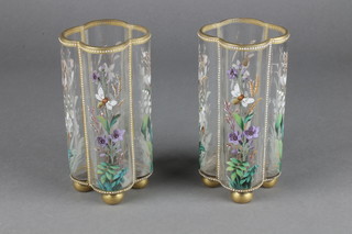A pair of 19th Century Continental quatrefoil clear glass vases decorated with polychrome spring flowers and insects 6 1/2"