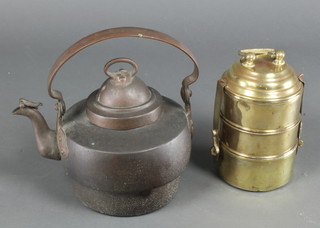 A circular Eastern copper kettle 10" and a Continental cylindrical 3 sectioned brass food carrier 9"