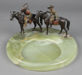 An Art Deco Austrian cold painted bronze and onyx ashtray surmounted by 2 figures of Native Indian and Cowboy 9" 