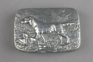 James Dixon & Sons, a Cornish pewter snuff box, the hinged lid embossed a figure of a standing pointer 2 1/2" 