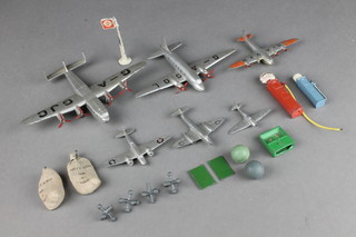 6 Dinky models of aircraft - Viking, York, Seaplane, Meteor, Medium Bomber and Hawker Hurricane and 2 metal petrol pumps etc