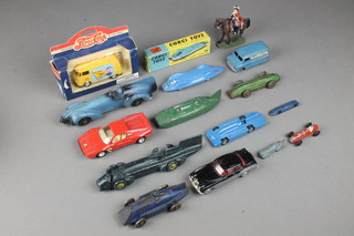 A Corgi model 153 "Proteus-Campbell-Bluebird" (some paint damage) boxed, a model of Bluebird II 7" (1 wheel missing), cast metal model of a 1930's racing car 7", a Corgi model of a 224 Bentley Continental, a Dinky model of a Bedford Ovaltine van, 7 models of various racing cars, model Ferrari and a mounted figure  