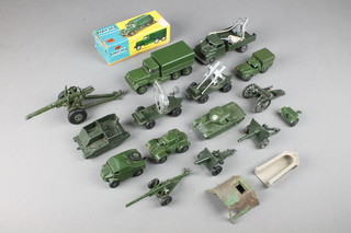 A Corgi 118 Major International 6 x 6 truck boxed, a Dinky 688 field artillery tractor no 118, an Army 1 ton truck 641, ditto armoured car 670, Dinky field gun 692, a Lone Star modern army series searchlight battery comprising bren gun carrier, small mobile light fitting unit, anti aircraft gun, field gun, a Lone Star lorry, Toy Company model field gun, 2 model field guns and a model tank  