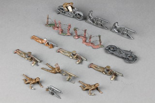 J Hill & Co, 2 metal models of motorcyclists - 1 with rider (handlebars f), 3 lead figures of reclining machine gunners and 2 other figures of machine gunners (1f), 2 sections of model barbed wire, 2 machine guns, 2 figures of stick grenades and 1 other  