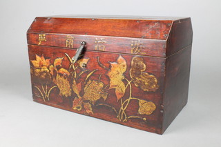 A Chinese hardwood marriage box with shaped hinged lid, the front with applied lacquered decoration 10"h x 17 1/2"w x 10 1/2"d 
