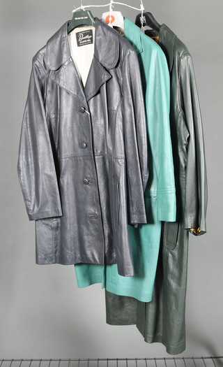 3 lady's 1960's leather coats, 2 in green, 1 in blue by Bentleys of Southsea 