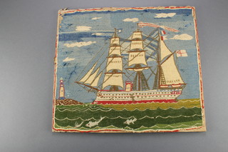 A 19th Century stitch work picture of a 3 masted naval vessel 16" x 18 1/2"  