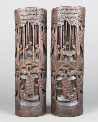 A pair of 19th Century Chinese carved bamboo vases decorated figures 13" 