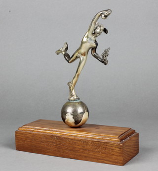 A silver plated car mascot in the form of Mercury on a wooden base 8" 
