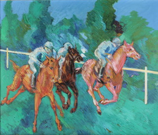 Aligi Sassu, oil on canvas, a stylish horse racing study, signed and inscribed on verso by the artist 1952 19 1/2" x 23"  