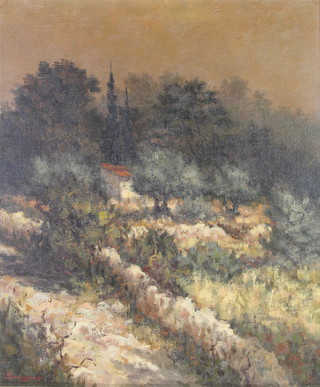 Sandrini, oil on canvas, a Continental rural landscape with buildings, signed 21" x 17 1/2"  