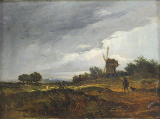 19th Century oil on canvas, an extensive landscape scene with shepherd and flock before a windmill, unsigned,  8 1/2" x 11" 