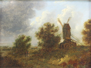19th Century oil on board, extensive landscape with windmill, unsigned 7 3/4" x 10 1/4" 