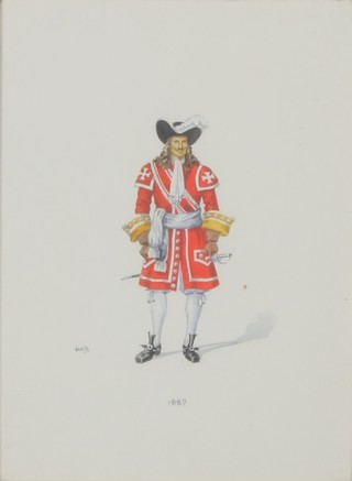 A A B, watercolour a 20th Century study of a 17th Century soldier, monogrammed 11" x 8" 