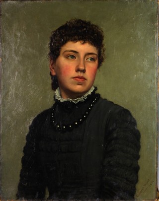 C Haigh Wood 1882, oil on canvas, a study of a young lady in a black dress with jet bead necklace, signed, unframed 24" x 18 1/2"  
