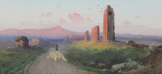 H Paszkowki, oil on board, an Italian landscape at sunset with a shepherd and flock beside ruins, signed 10 1/2" x 22 1/2" 