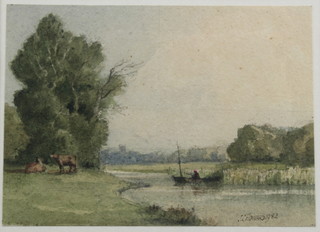 J C Howard 1982, watercolours, a Continental riverscape with figures in boats and a Continental landscape with cattle by a river, signed and dated 6" x 8"  