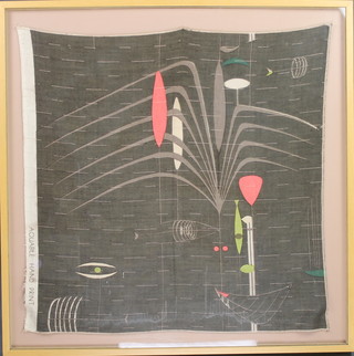 20th Century print, a 1960's hand print on cloth of a stylised still life 24" x 24" 