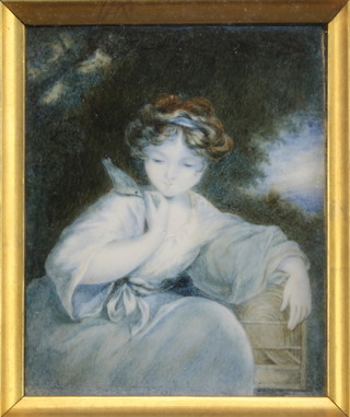 19th Century watercolour, a miniature study of a young girl in a garden with a bird on her shoulder, unsigned, contained in a maple frame 3 3/4" x 3" 