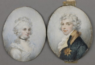 18th Century miniatures, a pair of oval portrait studies of a lady and gentleman, unsigned 3 1.4" x 3 1/4" Labels en verso 'Richelea after R Cosway 1740 and Miss Perry af R Cosway'