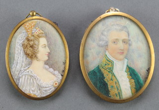 E Hartley, a pair of oval portrait miniatures of an 18th Century lady and gentleman signed 3" x 2 1/4" 