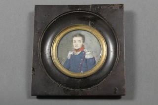 19th Century watercolour, a circular miniature portrait of a soldier, indistinctly signed 2 1/2" 