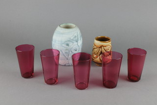 A 1970's Poole Aegean no.31 vase 4", a Kahn pottery vase 5 1/2" and 5 cranberry beakers 