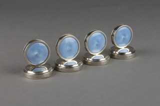 A set of 4 silver and blue guilloche enamel menu holders, Birmingham 1926