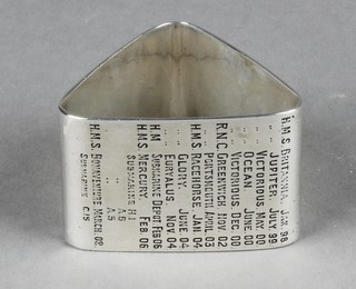 An Edwardian triangular silver napkin ring engraved with the postings of Captain K M Bruce DSO RN 56 grams, Birmingham 1909 