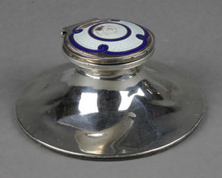 A silver capstan inkwell with guilloche enamel lid, Birmingham 1910 4 1/2"