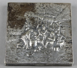 A Continental repousse silver square compact with revellers before a tavern 