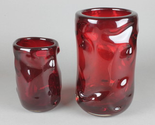 A Whitefriars red glass knobbly vase 10", a ditto 7" 