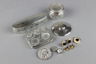 An oval cut glass silver mounted toilet jar, London 1922 4" and minor items