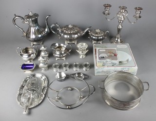 A silver plated 4 piece tea set, a quantity of plated items and 2 AA badges