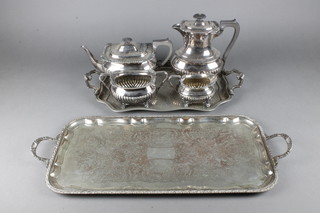 A silver plated 4 piece demi-fluted tea and coffee set, 2 silver plated trays