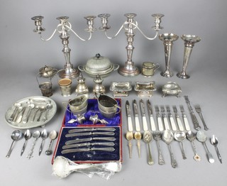 An Edwardian silver plated card tray, a quantity of silver plated items