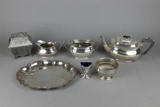 A silver plated demi-fluted 4 piece tea and coffee set, a plated caddy and minor items 