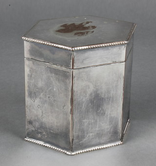 A silver plated hexagonal tea caddy with chased monogram 4" 
