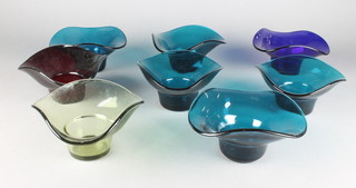 8 Studio coloured glass wavy rim bowls 7" 
