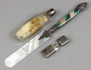 A Victorian silver malachite and hardstone paper knife with mother of pearl blade, 2 silver mounted scent bottles