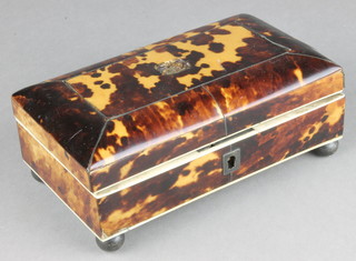 A 19th Century tortoiseshell and bone sewing box with fitted interior on ball feet 6" 