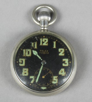 A Rolex Army issue plated cased pocket watch, the black dial inscribed Rolex A10510, the case similarly marked GSMK.11 with seconds and 6 o'clock 