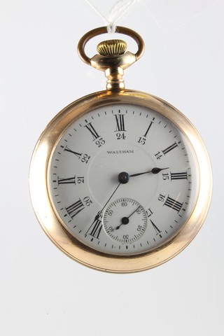 A silver plated cased pocket watch with seconds at 6 o'clock, the dial inscribed Waltham 