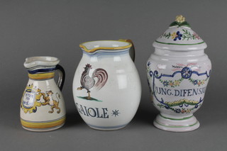 A modern Italian faience jug 6" and 2 other items 