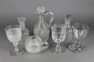 A 19th Century rummer on square base 6 1/2", a ditto cut glass spherical bowl and cover, 3 decanters and 2 wines 