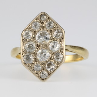 An 18ct yellow gold 14 stone diamond up finger ring, size L 1/2