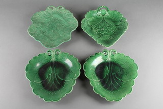 A Victorian green glazed leaf dish 8" and 3 others