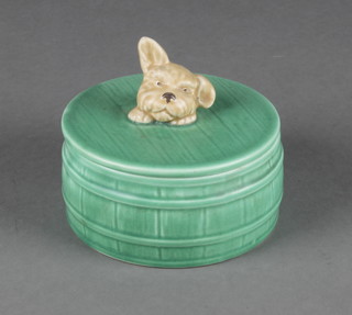 A Sylvac powder bowl in the form of a barrel with dogs head handle no.1818 4 1/2" 