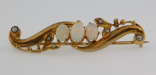 A 9ct gold opal and seed pearl bar brooch